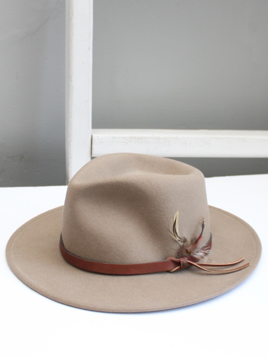 Dorfman Pacific Accessories - Dorfman Pacific Tan Fedora Wide Brim Hat with Feather Accent 100% Wool Felt